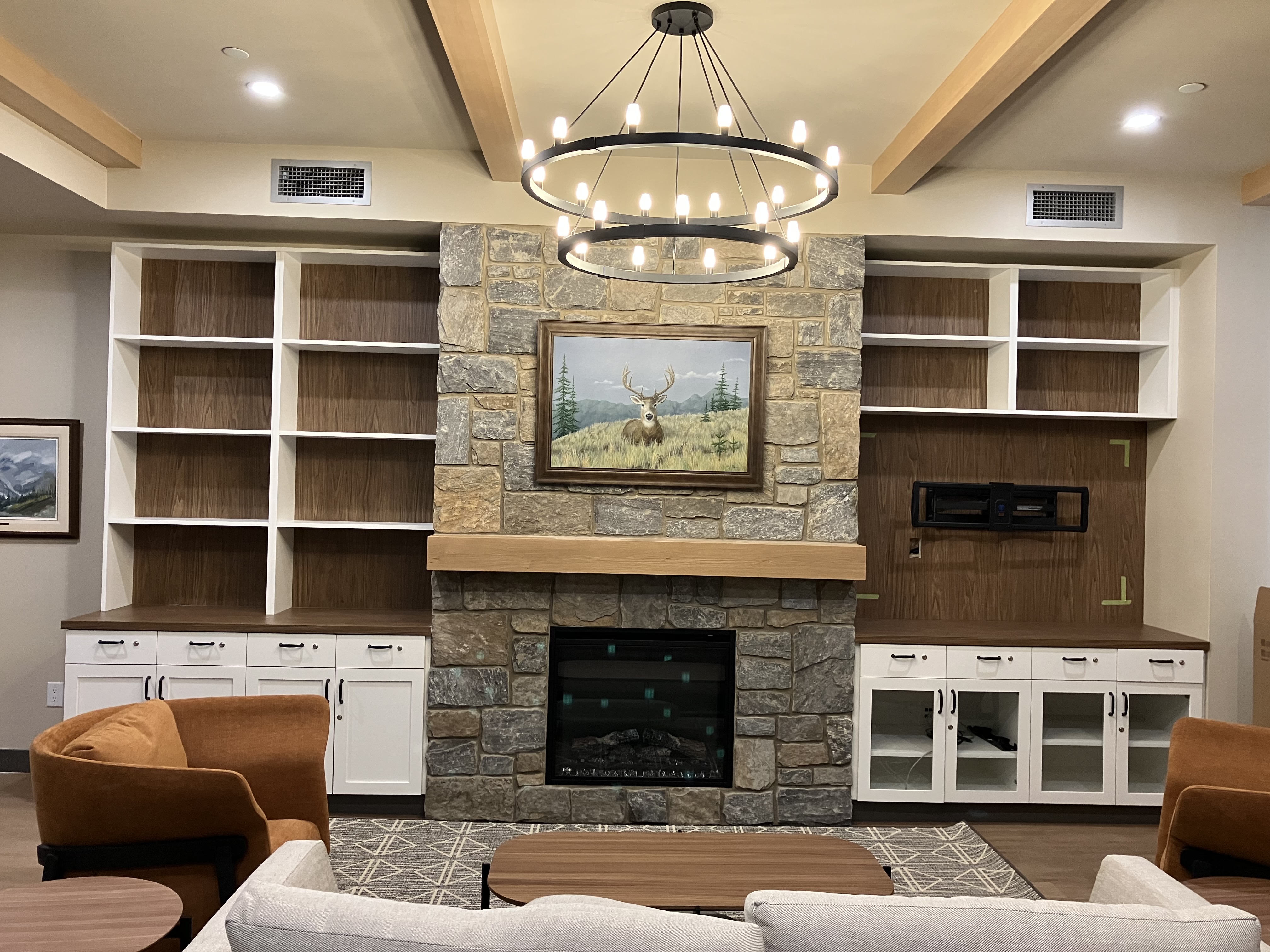 Modern office interior with wall paneling and millwork details